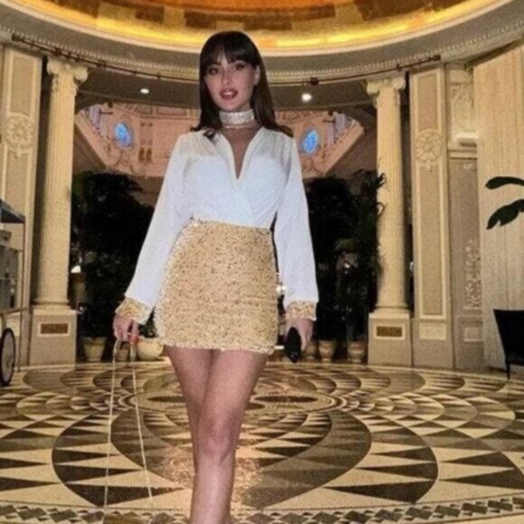 2 in 1 Party Dress White Top Sewn Together with Gold Sequin Skirt Mini - Picture 8 of 11